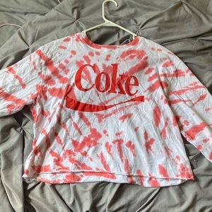 Tie-dye mix long-sleeve crop top w/white & red, & Coca-Cola slogan on front